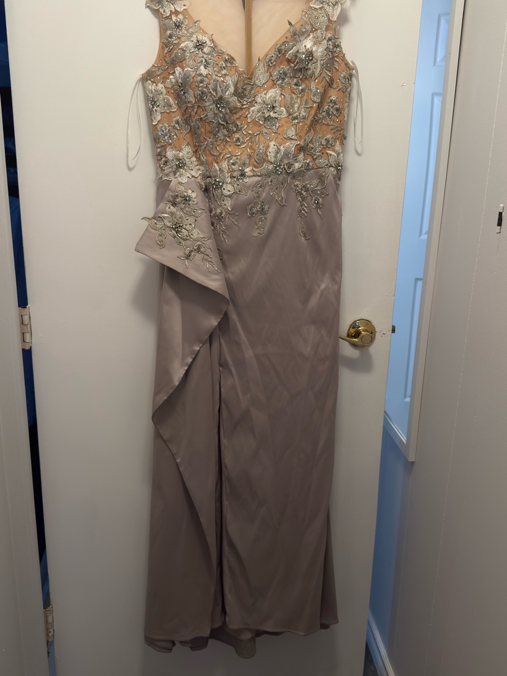 Terani Couture Taupe and Champagne Embellished V-Neck Gown